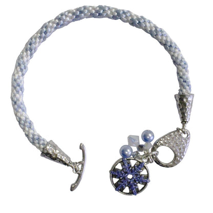 Winter Snowflake Bracelet / fits 6.5 to 7 Inch wrist size / white and light blue kumihimo braided cord / silver pewter charm and clasp