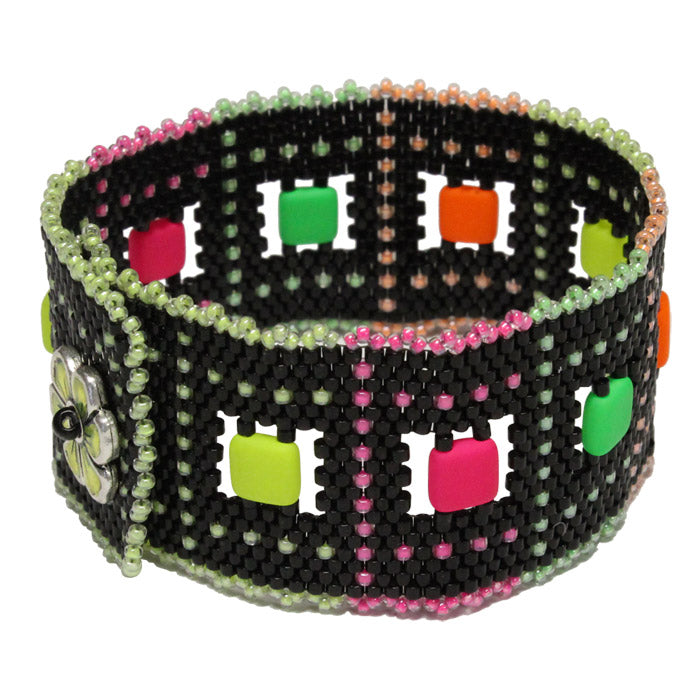 Neon Nights Peyote Stitch Bracelet / fits 6-1/2 to 6-3/4 Inch wrist / apple blossom button clasp