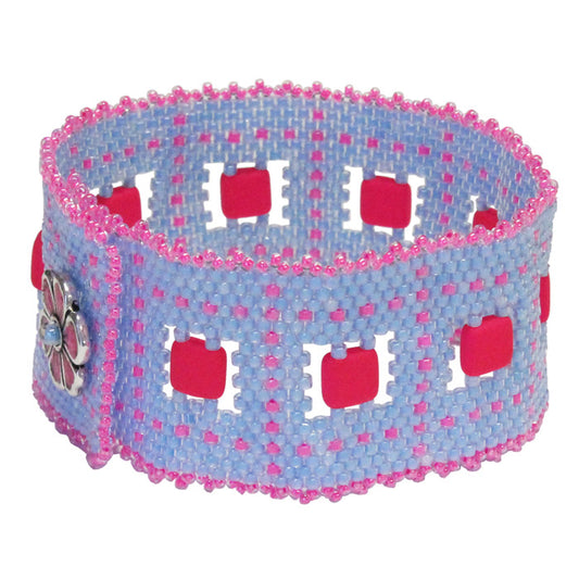 Pink Bluebird Peyote Stitch Bracelet / fits 6-1/2 to 6-3/4 Inch wrist / apple blossom button clasp