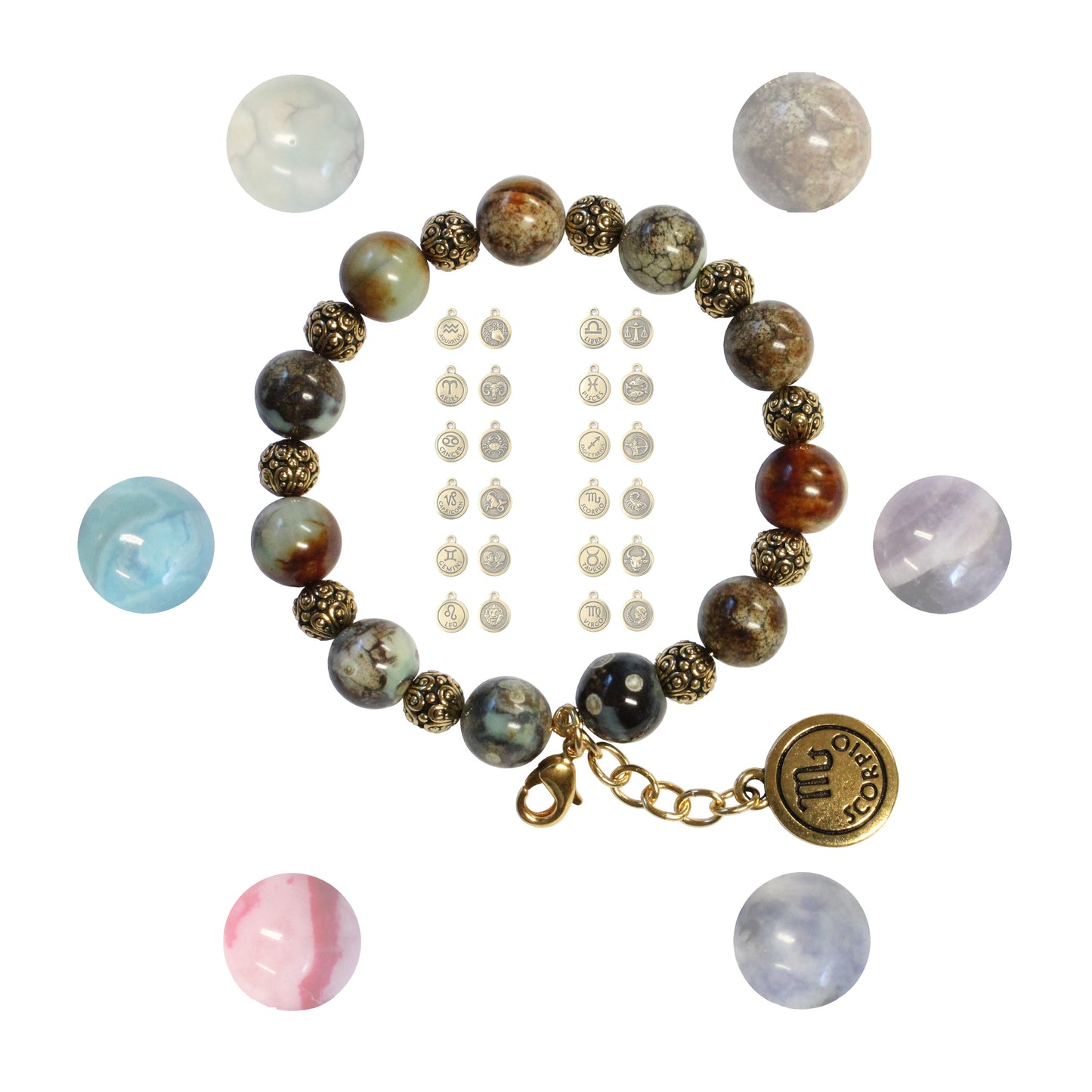 Gemstone Bracelet with zodiac charm / 6 to 7 Inch wrist size / gold pewter beads / choose your sign and gemstone