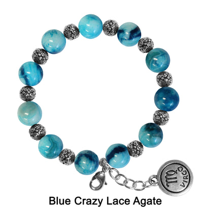 Gemstone Bracelet with zodiac charm / 6 to 7 Inch wrist size / silver pewter beads / choose your sign and gemstone