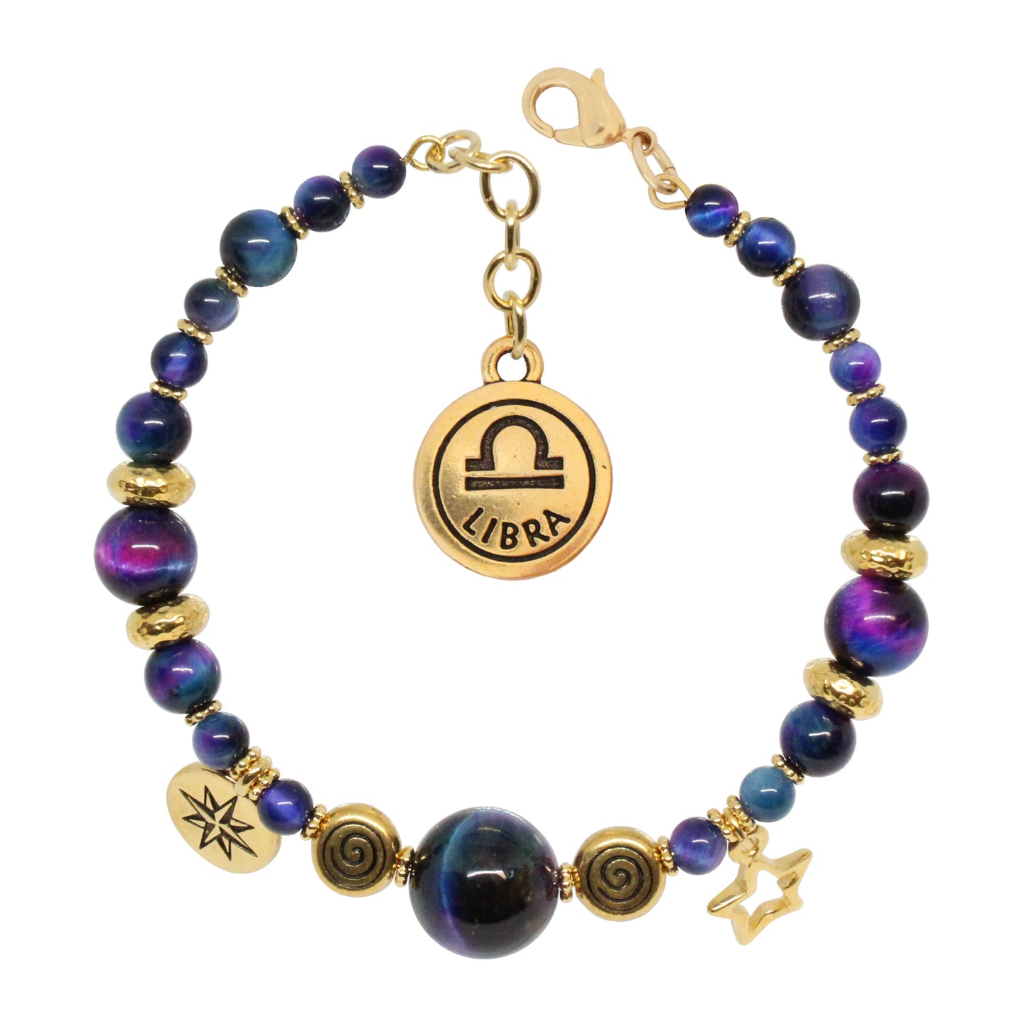 Rainbow Tiger's Eye Bracelet with zodiac charm / 6 to 7 Inch wrist size / gold pewter beads and charms / choose your sign