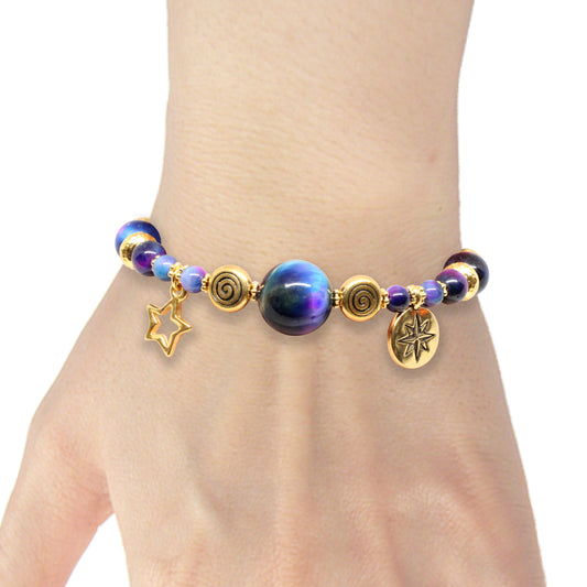 Rainbow Tiger's Eye Bracelet with zodiac charm / 6 to 7 Inch wrist size / gold pewter beads and charms / choose your sign