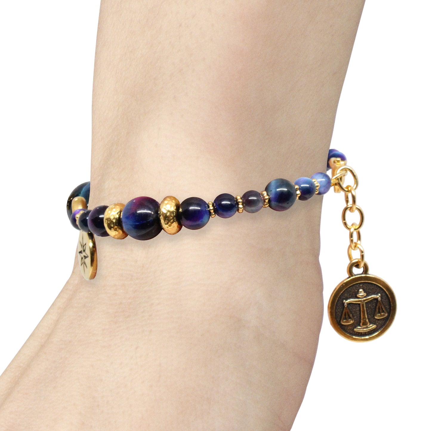 Rainbow Tiger's Eye Bracelet with zodiac charm / 6 to 7 Inch wrist size / gold pewter beads and charms / choose your sign