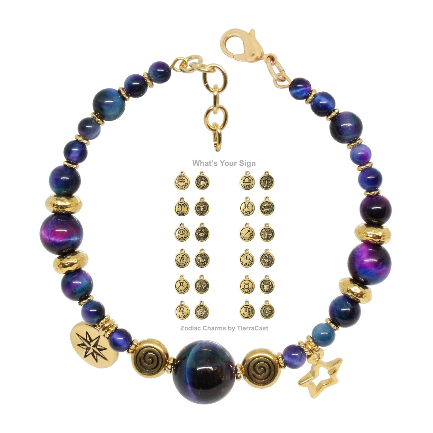 Rainbow Tiger's Eye Bracelet with zodiac charm / 6 to 7 Inch wrist size / gold pewter beads and charms / choose your sign