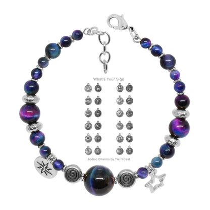 Rainbow Tiger's Eye Bracelet with zodiac charm / 6 to 7 Inch wrist size / silver pewter beads and charms / choose your sign
