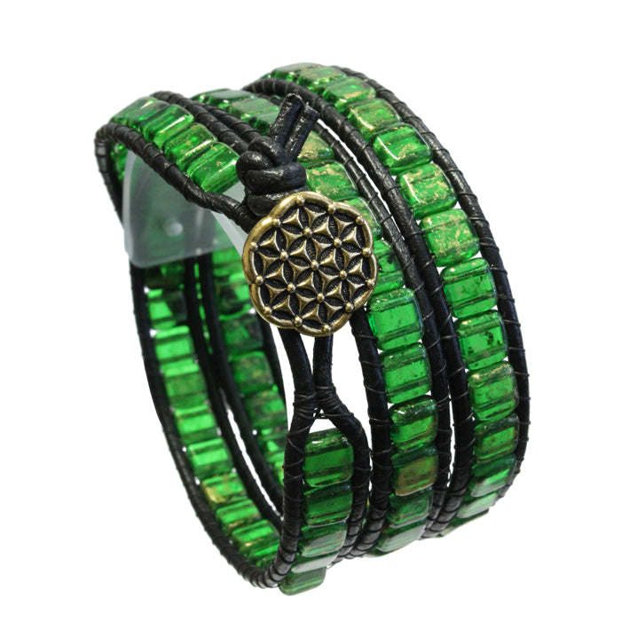 Flower of Life Triple Wrap Bracelet / fits 6.5 to 7 Inch wrist size / green glass and black leather cord / button closure