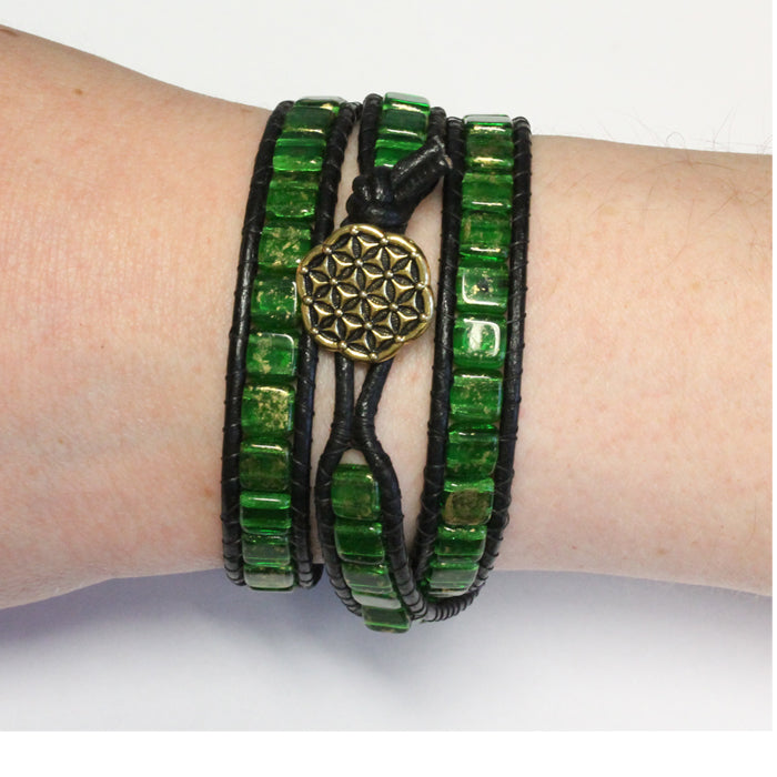 Flower of Life Triple Wrap Bracelet / fits 6.5 to 7 Inch wrist size / green glass and black leather cord / button closure