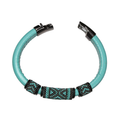 TURQUOISE Geometric Bracelet / fits 6.5 to 7 Inch wrist size / with black trim / leather with magnetic clasp