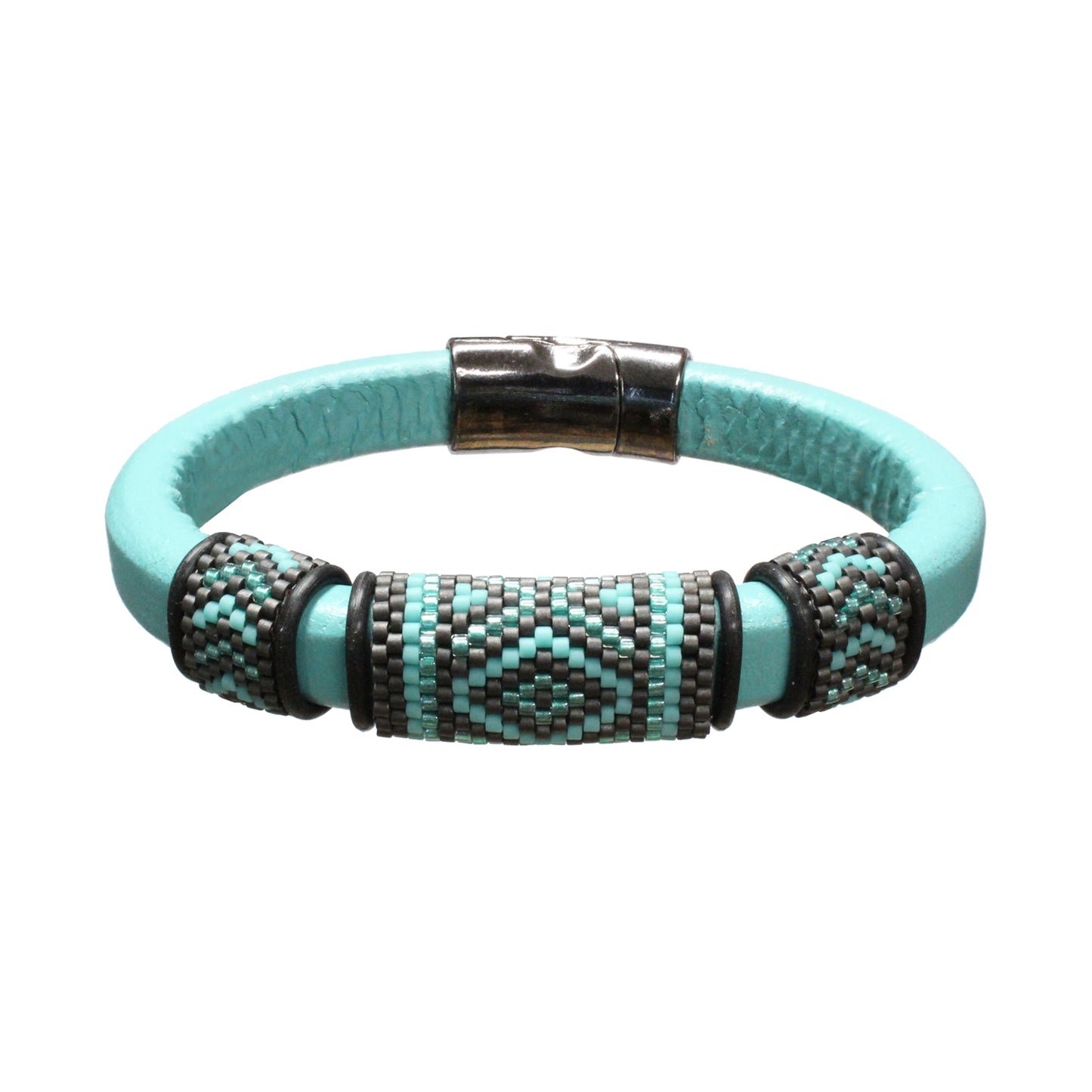 TURQUOISE Geometric Bracelet / fits 6.5 to 7 Inch wrist size / with black trim / leather with magnetic clasp