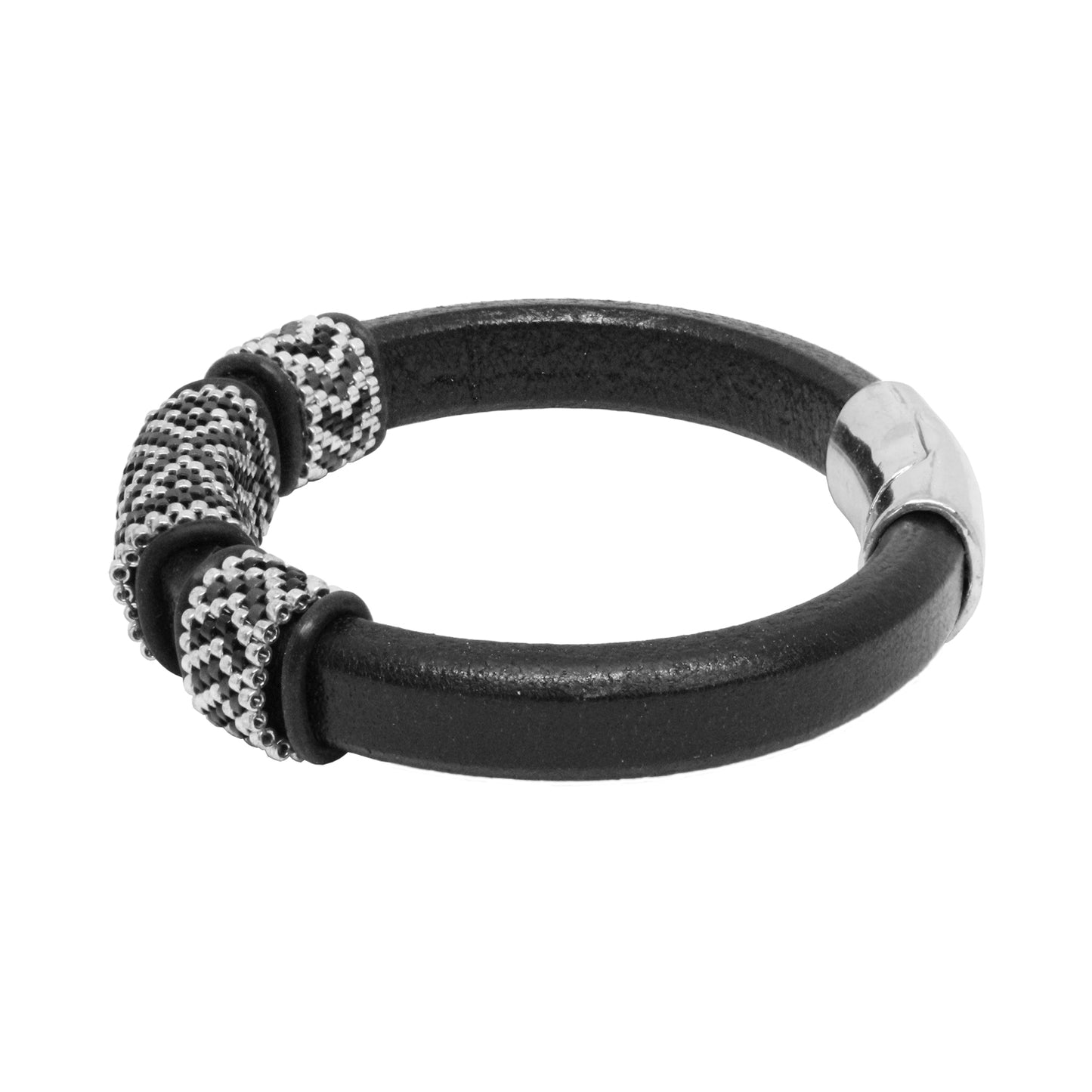 BLACK Geometric Bracelet / fits 6.5 to 7 Inch wrist size / leather with magnetic clasp