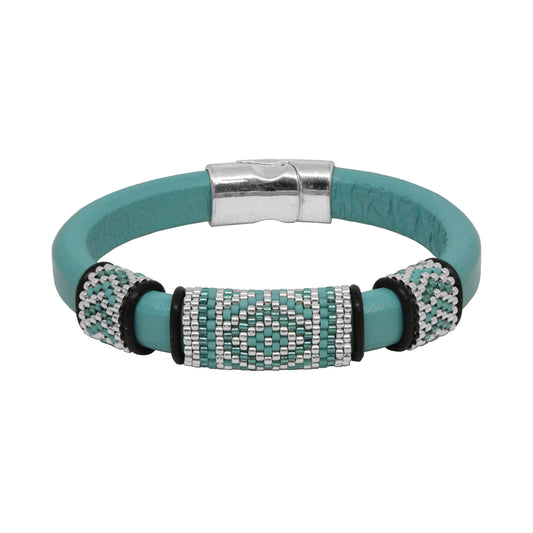 TURQUOISE GREEN Geometric Bracelet / fits 6.5 to 7 Inch wrist size / leather with magnetic clasp
