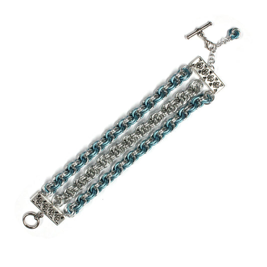 Triple-Strand Double Spiral Chainmail Bracelet / silver and matte sky blue / adjustable clasp for 6.5 to 7.5 inch wrist