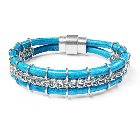 Cord-ially Yours Bracelet / 6.5 to 7 Inch wrist size / bright silver chainmail / distressed turquoise blue leather cord / magnetic clasp