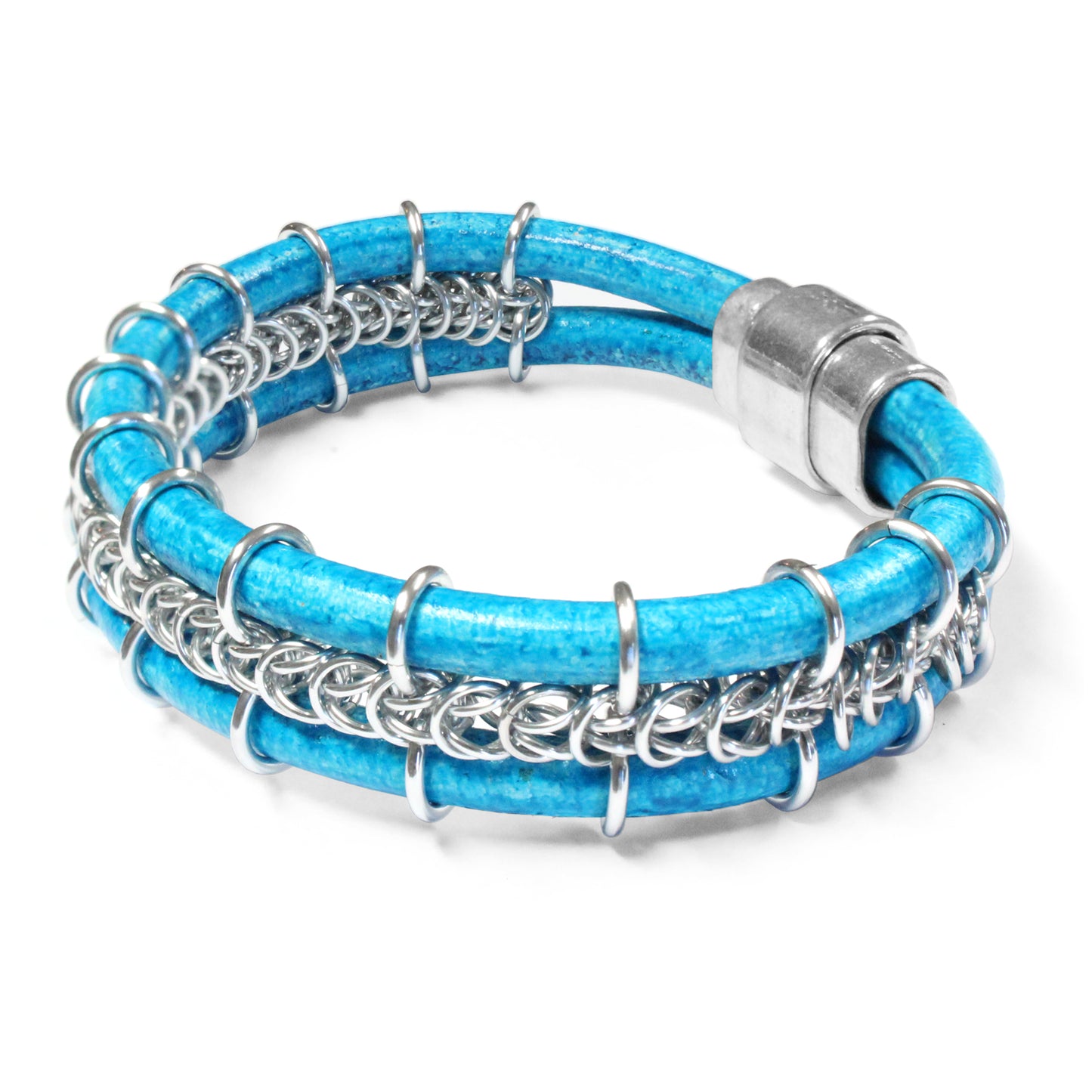 Cord-ially Yours Bracelet / 6.5 to 7 Inch wrist size / bright silver chainmail / distressed turquoise blue leather cord / magnetic clasp