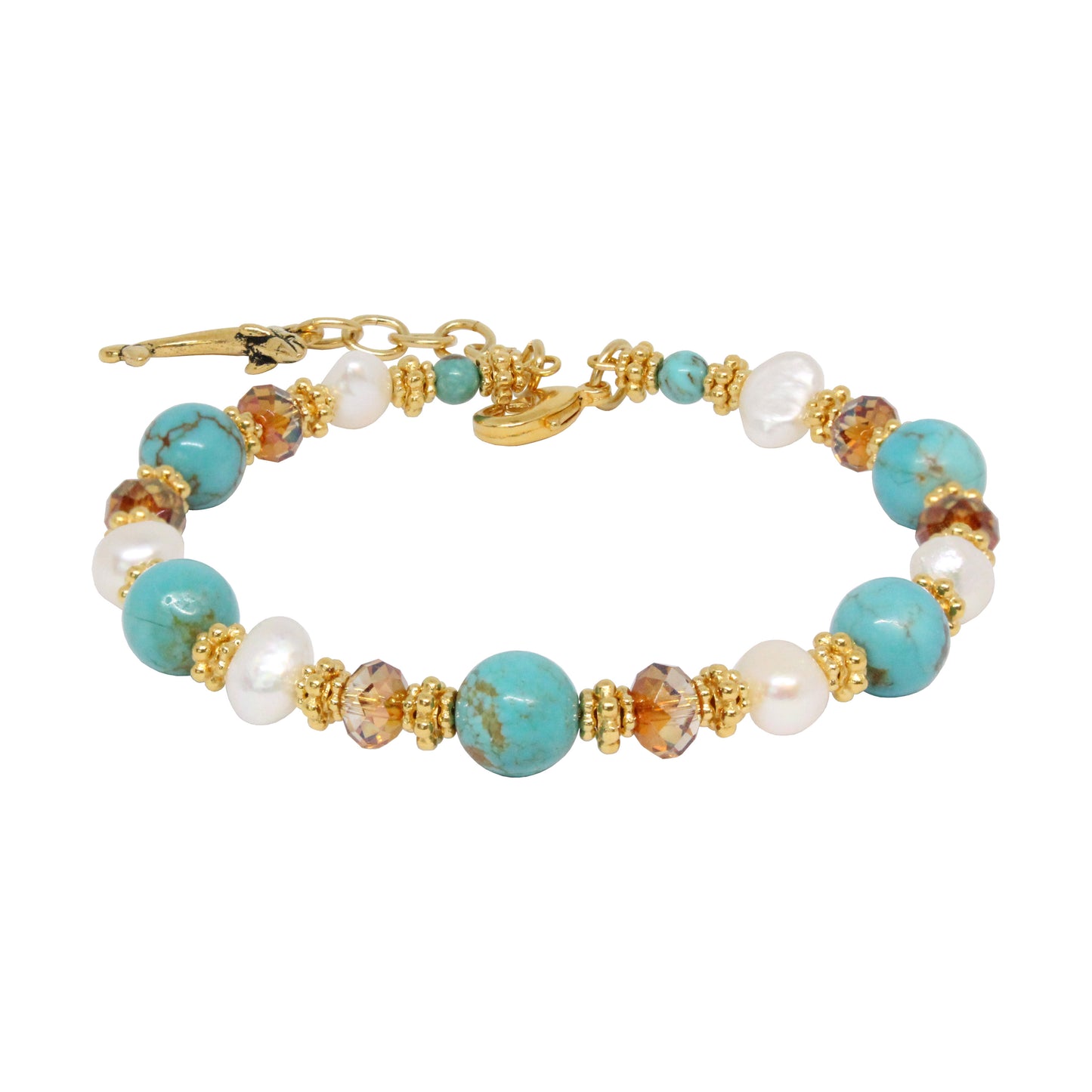 Turquoise Island Bracelet / 6 to 7.5 Inch wrist size / genuine turquoise gemstones with pearls and crystal / gold pewter beads and dolphin charm