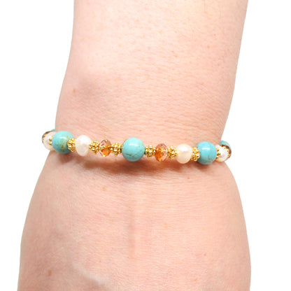 Turquoise Island Bracelet / 6 to 7.5 Inch wrist size / genuine turquoise gemstones with pearls and crystal / gold pewter beads and dolphin charm