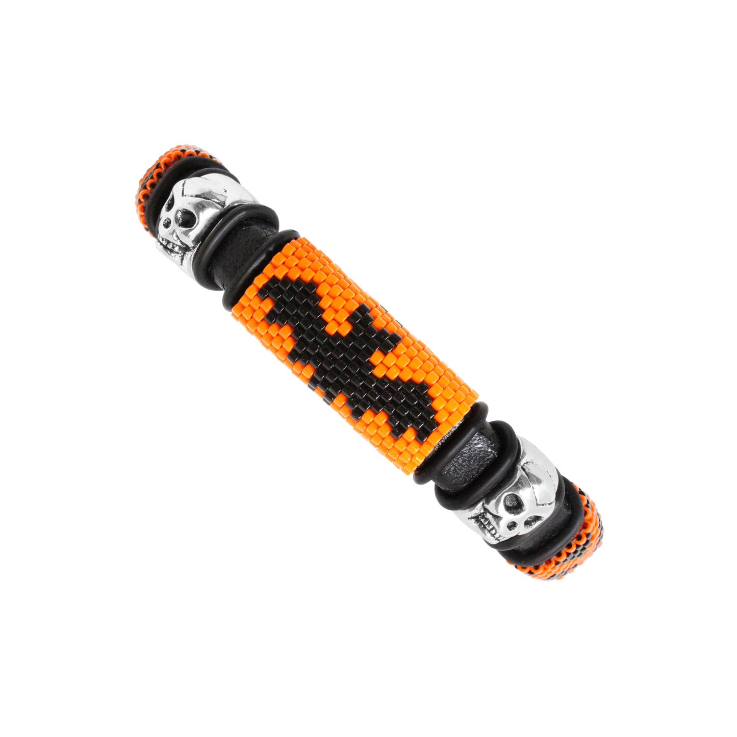 Scary Halloween Bracelet / fits 6.5 to 7 Inch wrist size / large bat with skulls / Euro leather cord / handmade peyote stitch sliders