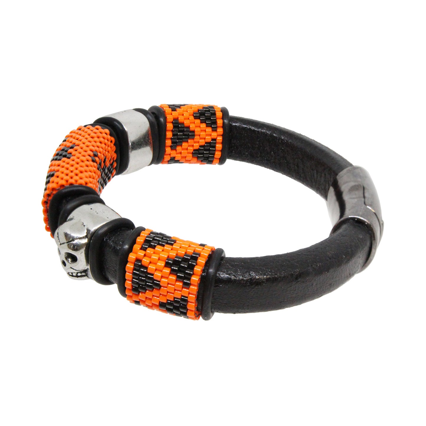 Scary Halloween Bracelet / fits 6.5 to 7 Inch wrist size / large bat with skulls / Euro leather cord / handmade peyote stitch sliders