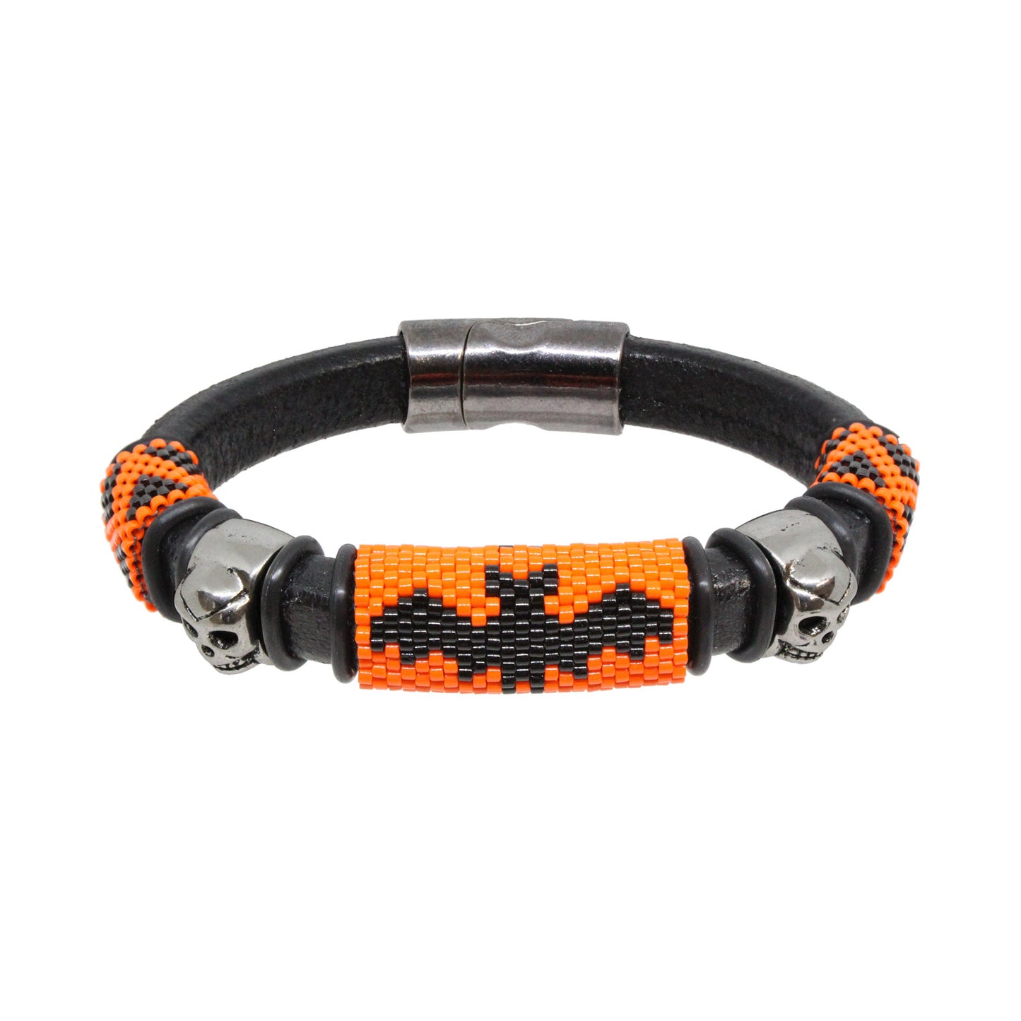 Scary Halloween Bracelet / fits 6.5 to 7 Inch wrist size / large bat with skulls / Euro leather cord / handmade peyote stitch sliders
