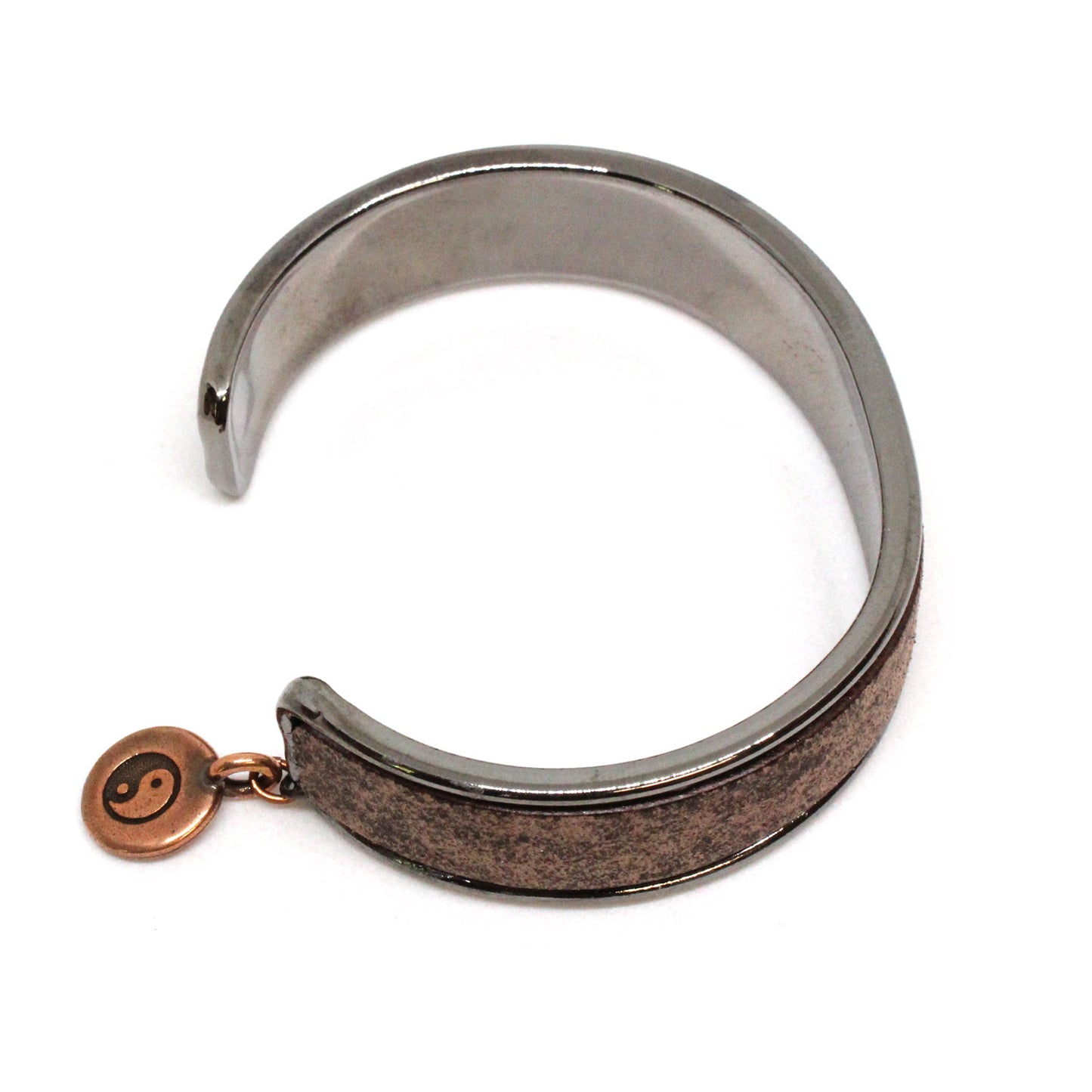 Distressed Chocolate Brown Cuff Bracelet / fits up to 7 inch wrist size / Euro leather on gunmetal black cuff / yin yang charm