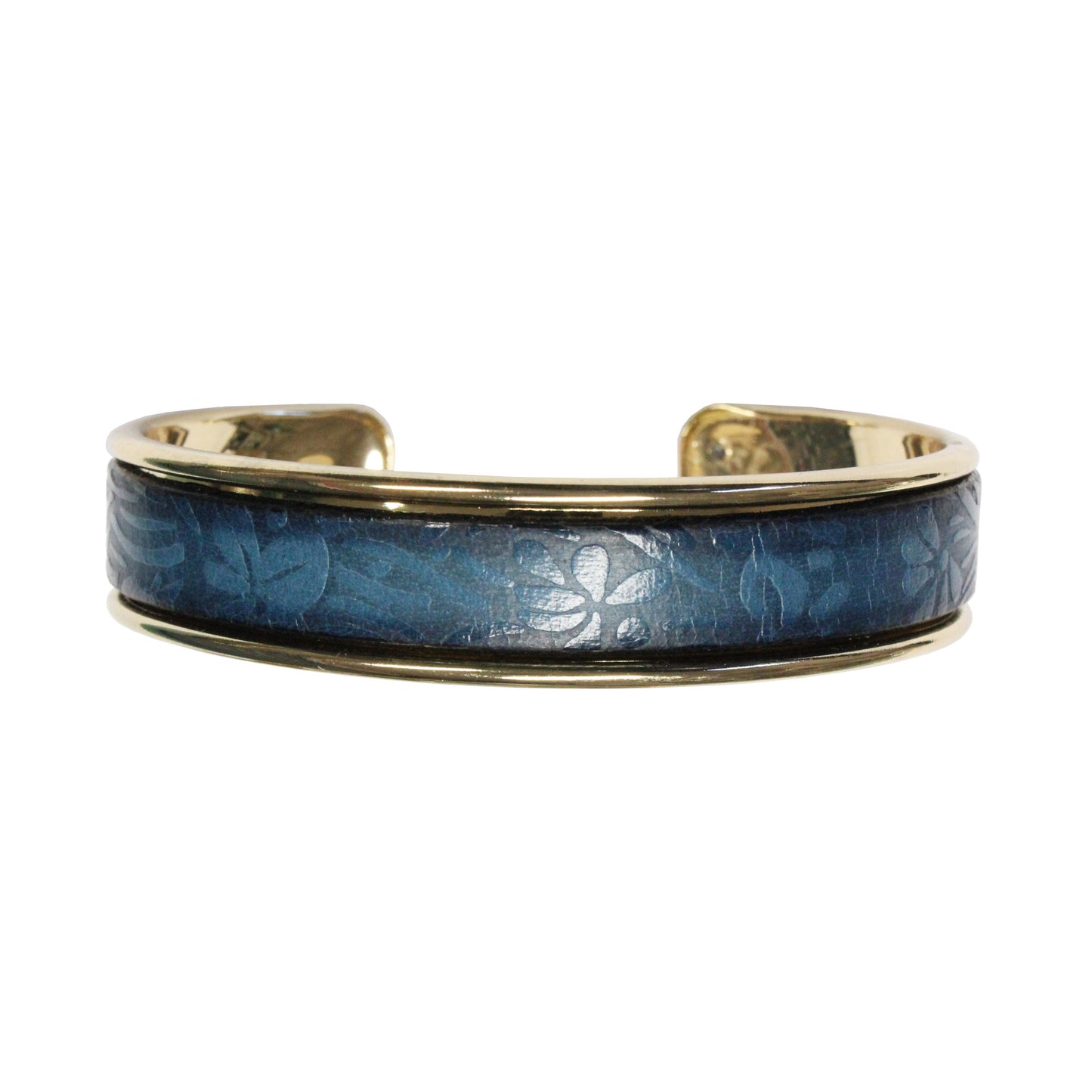 Blue Leather Cuff Bracelet / fits up to 7 inch wrist size / embossed floral leather / gold plated cuff