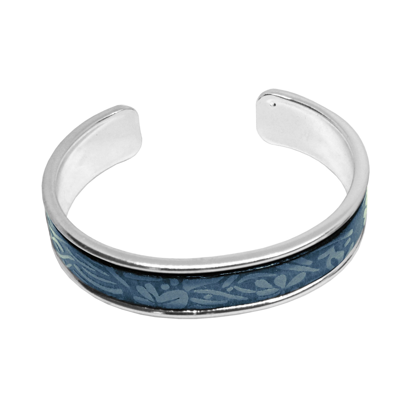 Blue Leather Cuff Bracelet / fits up to 7 inch wrist size / embossed floral leather / rhodium plated cuff