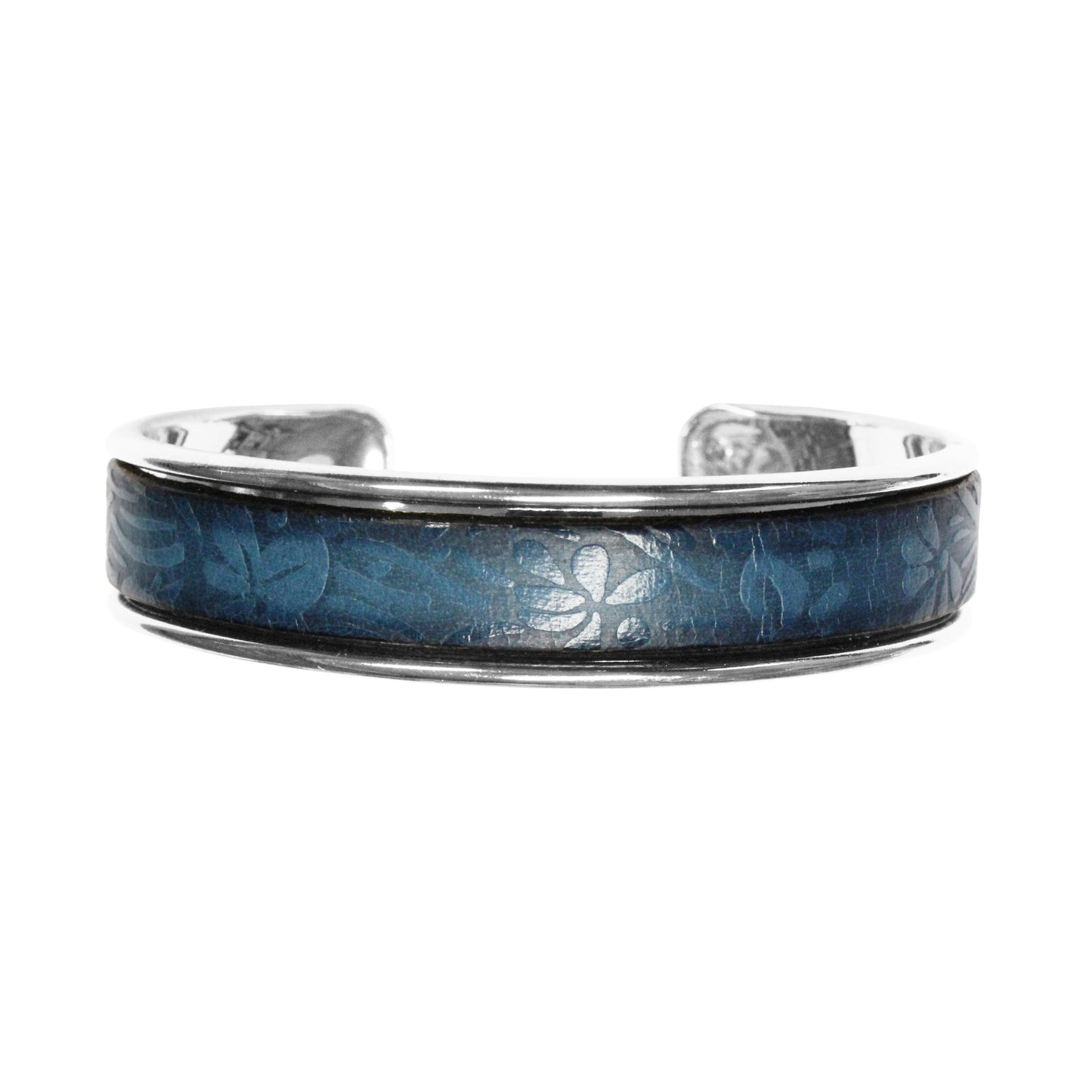 Blue Leather Cuff Bracelet / fits up to 7 inch wrist size / embossed floral leather / rhodium plated cuff