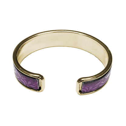Purple Leather Cuff Bracelet / fits up to 7 inch wrist size / embossed floral leather / gold plated cuff
