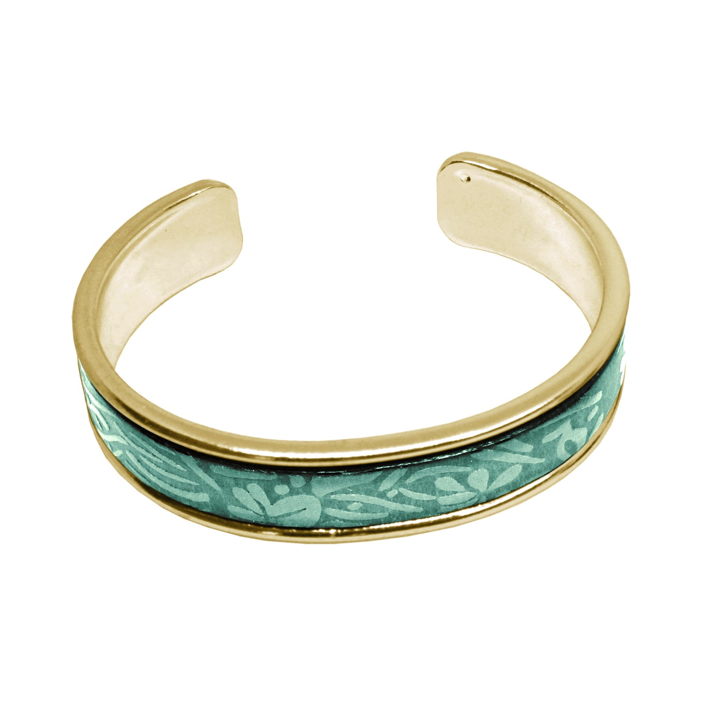 Turquoise Leather Cuff Bracelet / fits up to 7 inch wrist size / embossed floral leather / gold plated cuff