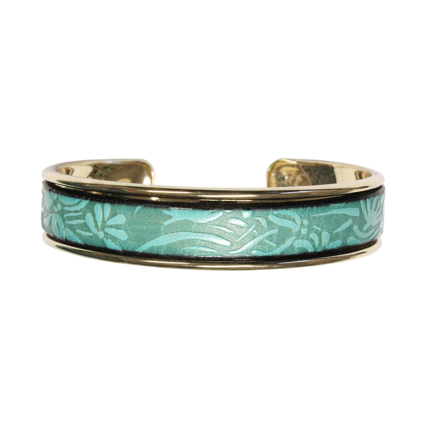 Turquoise Leather Cuff Bracelet / fits up to 7 inch wrist size / embossed floral leather / gold plated cuff