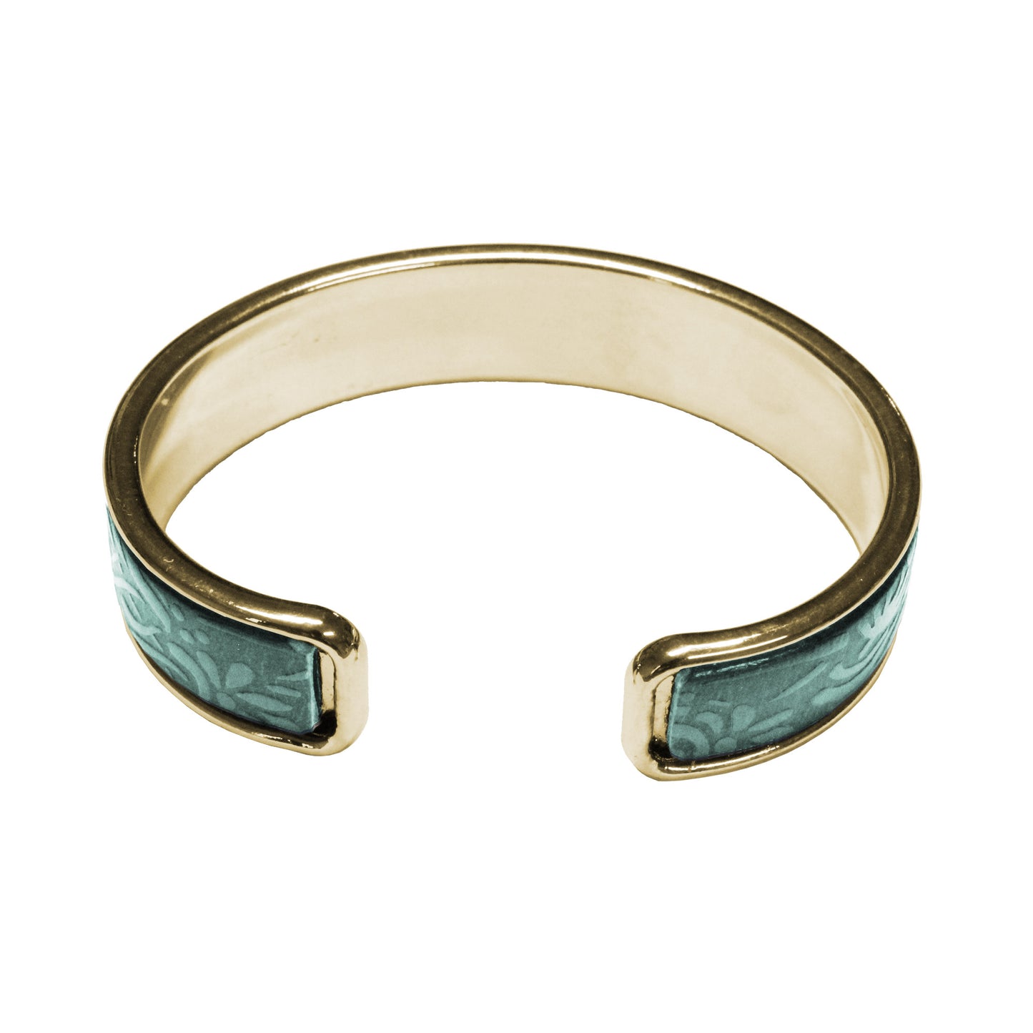 Turquoise Leather Cuff Bracelet / fits up to 7 inch wrist size / embossed floral leather / gold plated cuff