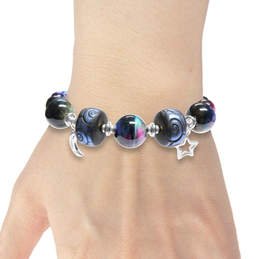 Rainbow Black Celestial Bracelet / 6 to 7 Inch wrist size / silver pewter beads and charms