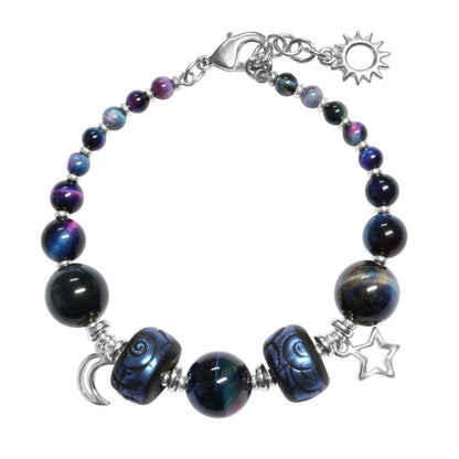 Rainbow Black Celestial Bracelet / 6 to 7 Inch wrist size / silver pewter beads and charms