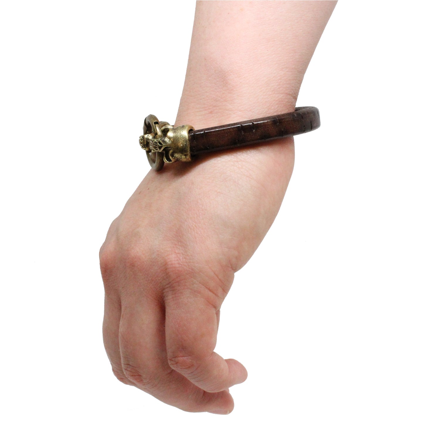 Skull and Ring Bracelet / 7.5 Inch wrist size / large antique bronze double skull clasp / brown bark leather cord