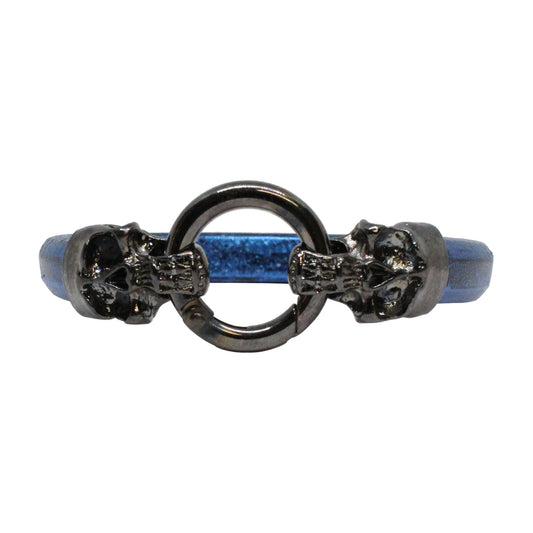 Skull and Ring Bracelet / 7.5 Inch wrist size / large black double skull clasp / blue leather cord