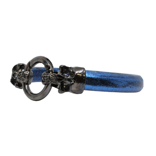 Skull and Ring Bracelet / 7.5 Inch wrist size / large black double skull clasp / blue leather cord