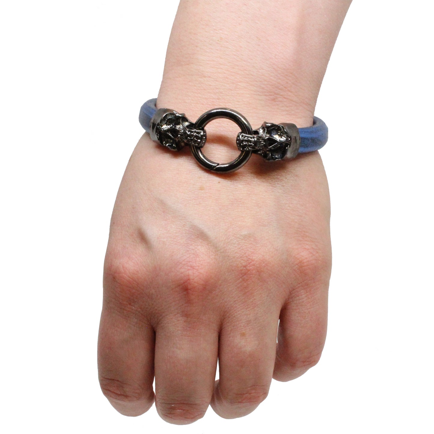 Skull and Ring Bracelet / 7.5 Inch wrist size / large black double skull clasp / blue leather cord