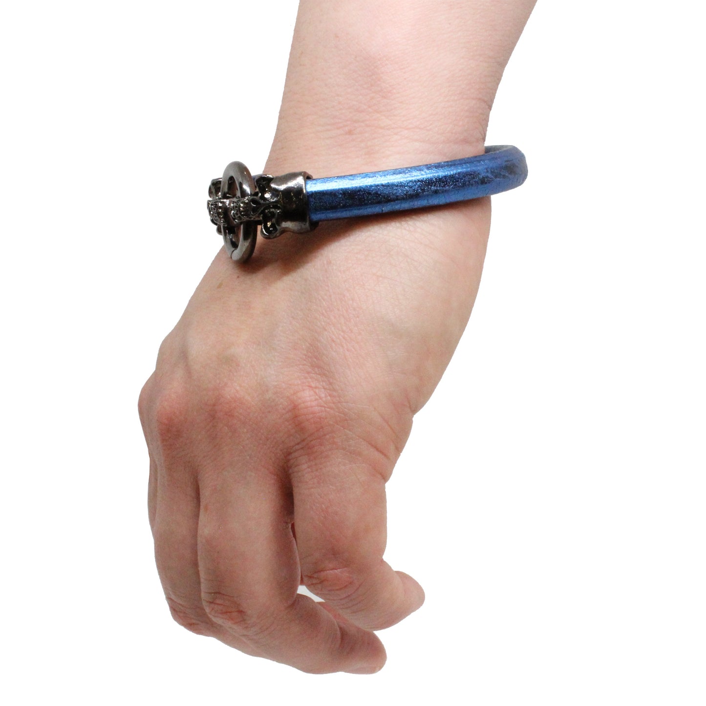 Skull and Ring Bracelet / 7.5 Inch wrist size / large black double skull clasp / blue leather cord