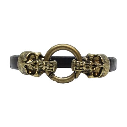 Skull and Ring Bracelet / 7.5 Inch wrist size / large antique bronze double skull clasp / black bark leather cord