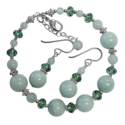 Amazonite Bracelet with green gemstones and spring green crystal highlights / fits 6–7″ wrist / with optional earrings