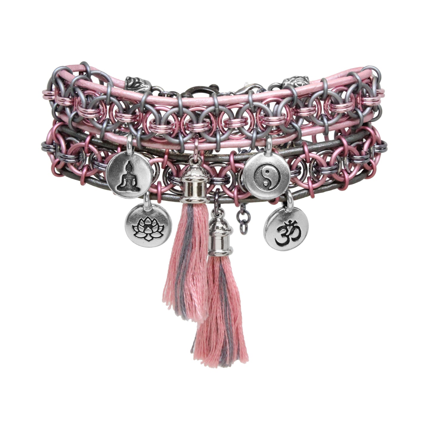 Pink and Grey Helm Chain Bracelet Set with leather, charms, and tassels / adjustable clasp for 6.5 to 7.5 inch wrist