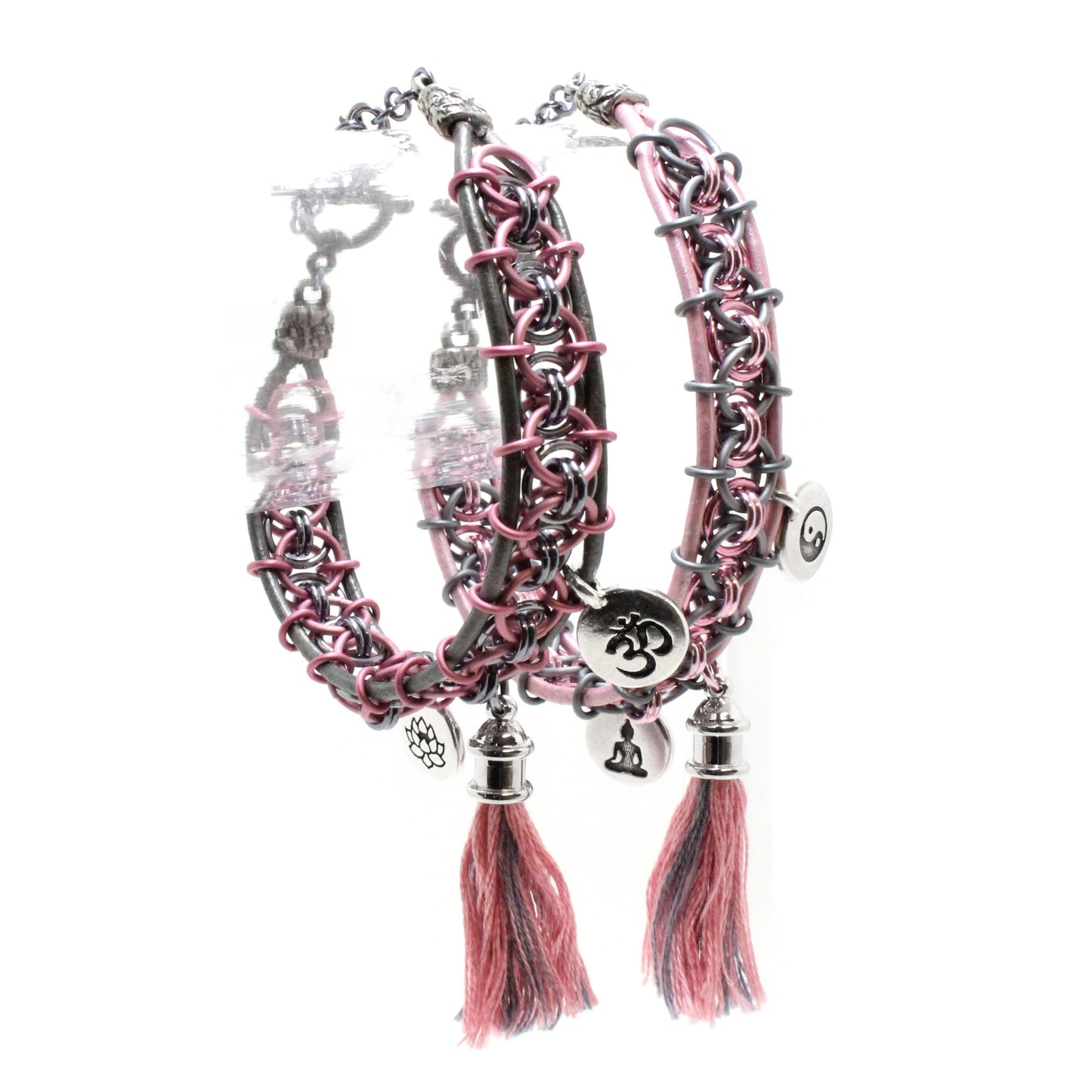 Pink and Grey Helm Chain Bracelet Set with leather, charms, and tassels / adjustable clasp for 6.5 to 7.5 inch wrist