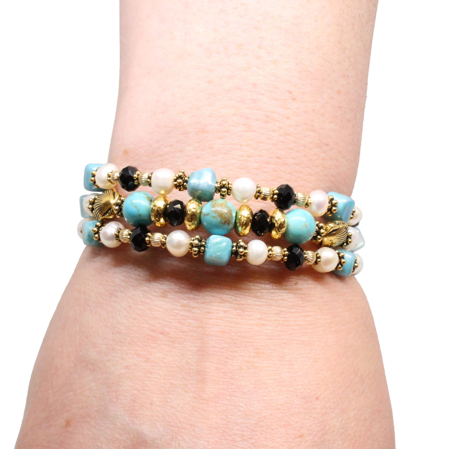 Turquoise Island Triple Wrap Bracelet / 6 to 8 Inch wrist size / with freshwater pearls and shells / gold pewter beads