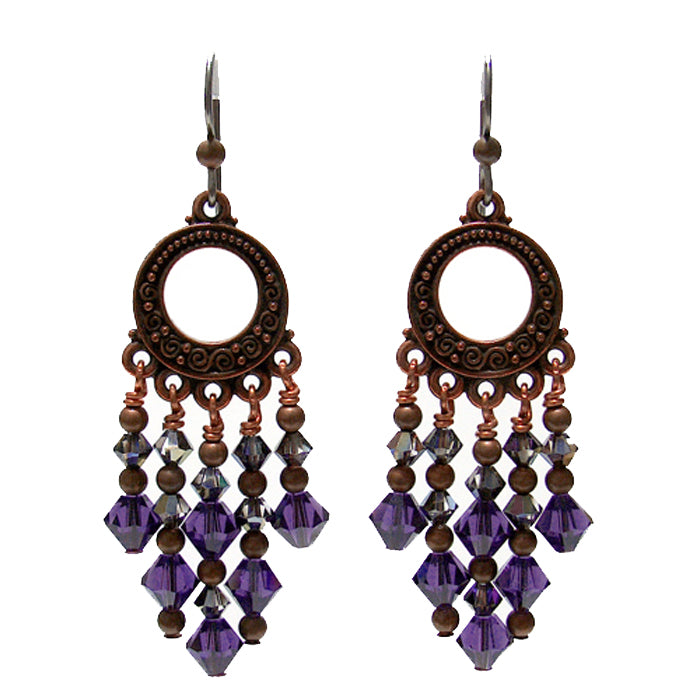 Purple Velvet Chandelier Earrings / 65mm length / dark copper with hypo-allergenic niobium earwires