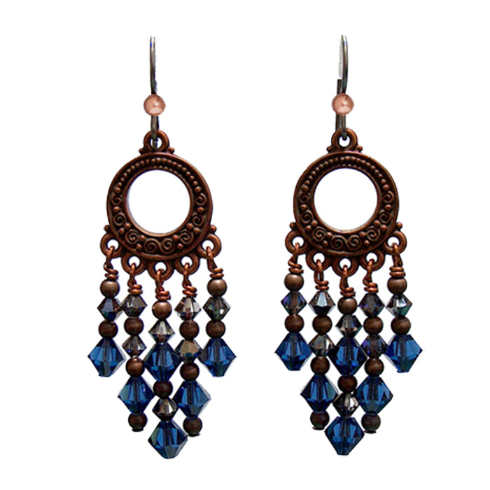 Dark Sapphire Blue Chandelier Earrings / 65mm length / dark copper with hypo-allergenic niobium earwires