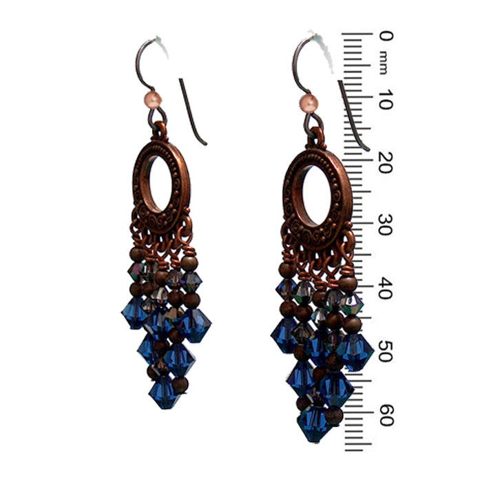 Dark Sapphire Blue Chandelier Earrings / 65mm length / dark copper with hypo-allergenic niobium earwires