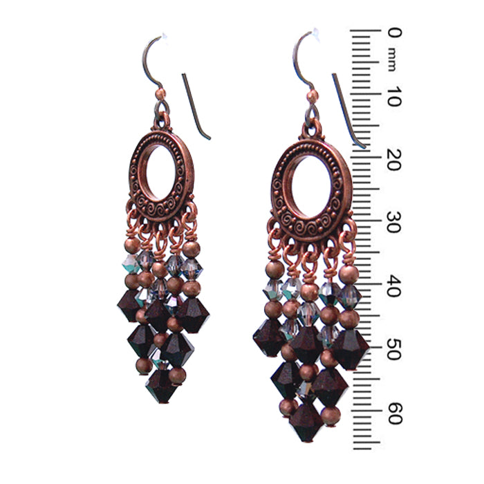 Garnet Red Chandelier Earrings / 65mm length / dark copper with hypo-allergenic niobium earwires