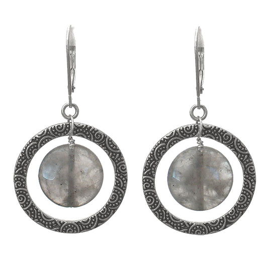 Misty Quartz Earrings / 45mm length / silver pewter rings / sterling leverbacks