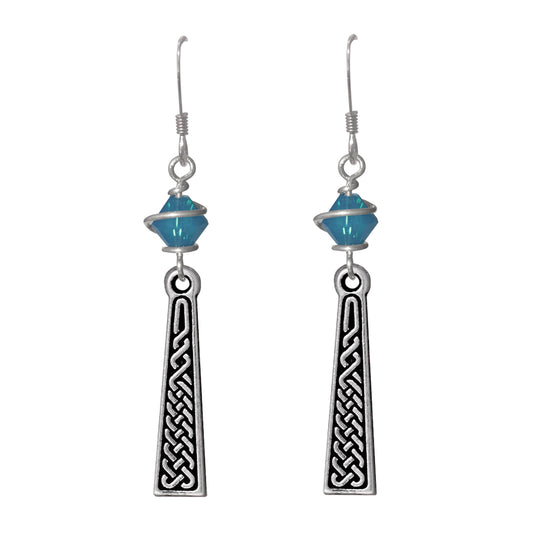 Celtic Braid Earrings / 50mm Length / blue crystals / silver pewter pendants / sterling earwires